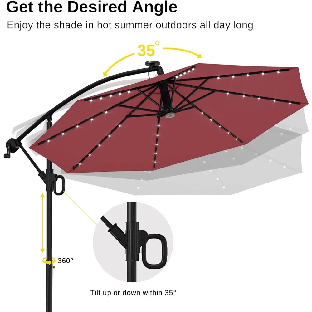 

Umbrella, 10 Feet, with 8 Ribs, 40 LED Solar Lights and Cranks, Suitable for Gardens, Decks, and Pool Edges, Wine Red