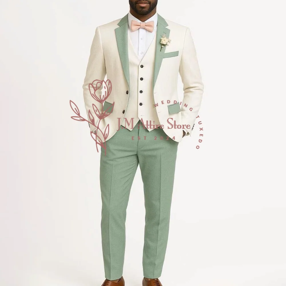 

Men's Formal White and Sage Green 3 Piece Suit Jacket Vest Pants Classic Formal Tailored Attire Wedding Groom Prom Party Wear