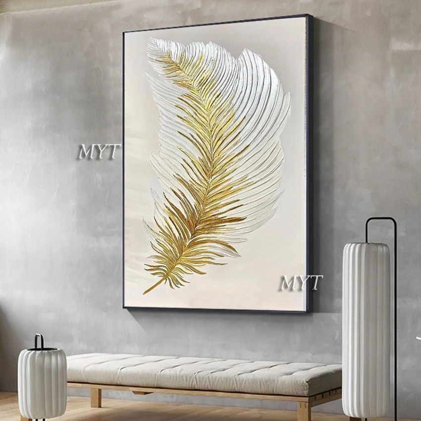 

Modern Handmade Abstract Gold Foil Design Oil Painting, Golden Feather Canvas Picture, Unframed Wall Art for House Decoration