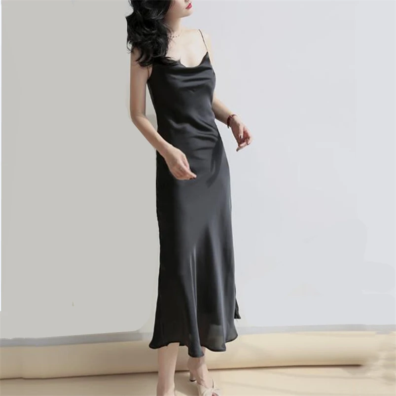 2024 Summer Ladies Satin Camisole Long Dress Swinging Collar New Spring Solid Silk Inner Dress Women Slim Fit Soft Dress Vestido