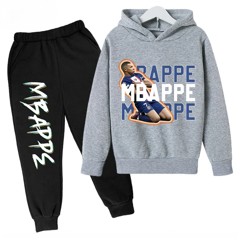 Set di felpe con cappuccio per bambini stampate Mbappe primaverili e autunnali Set di abbigliamento sportivo in 2 pezzi per ragazzi e ragazze Abbigliamento per bambini