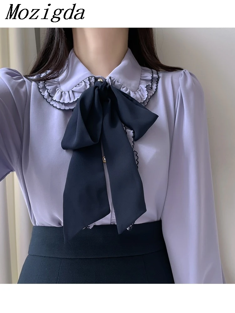 Blus wanita, baju atasan wanita ungu putih Formal elegan berkancing desain Korea Vintage gaya Preppy atasan dasi kupu-kupu lucu