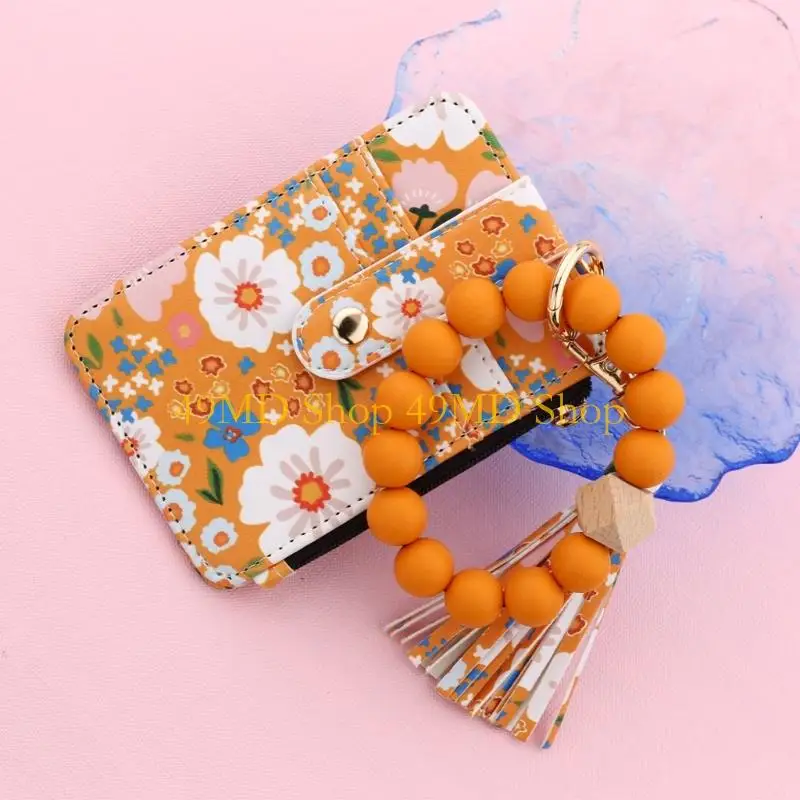 49MD Women's Boho Beaded Wallet with Flower Pattern, Women Boho Beaded & Tassel Decorated Keychain, Credit Card Holder Purse