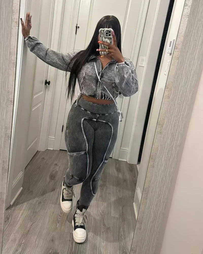 Winter Fall Women Outfits Long Sleeve Cotton Acid Crop Jacket Long Pants 2 Piece Set Lady Vintage Two Piece Jogger Set Woman