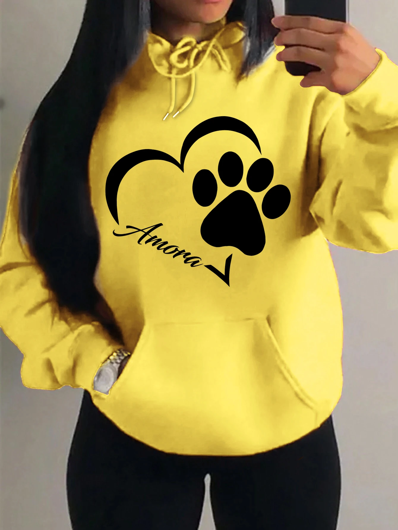 Love And Little Cat Foot Creative Print Women Hoody Fashion Autumn Sweatshirt Pocket Hoodie Sport Style Comfortable Pullover