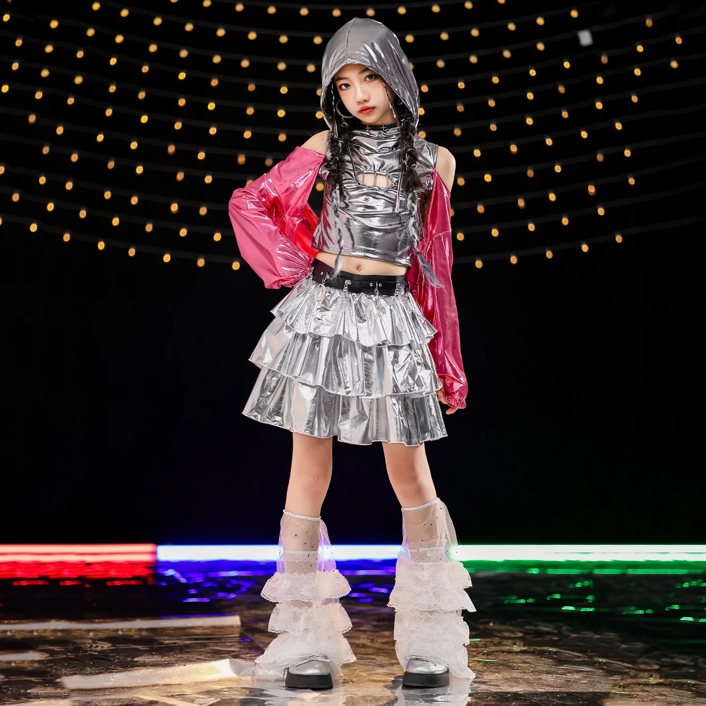 Girls Hip Hop Patchwork Shiny Crop Hoodies Silver Pleated Skirt Kids K-pop Jazz Clothes Sets Child Girl Group Streetwear Costume