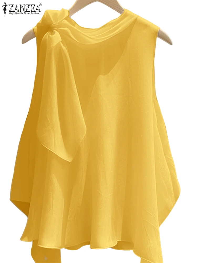 ZANZEA Damskie Koszulki T-shirty Letnie Bluzki 2025 Jednolite Bez Rękawów Modne Asymetryczne Tuniki Codzienne Luźne Szale Dekolt Okrągły Pulowery