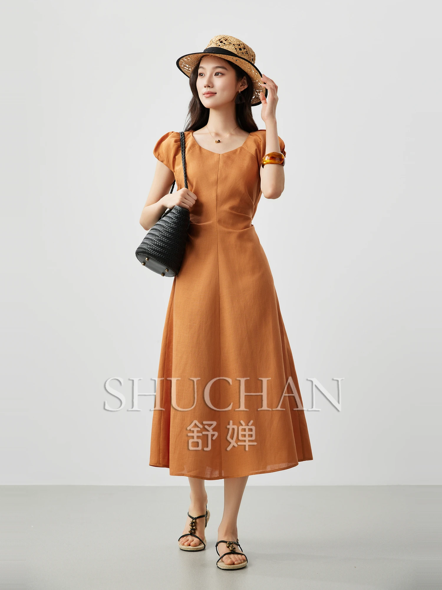 

Summer Good Quality, Intellectual Elegance, Lyocell Linen Hollow Elastic Back Waist Strap Bud Sleeve Dress women