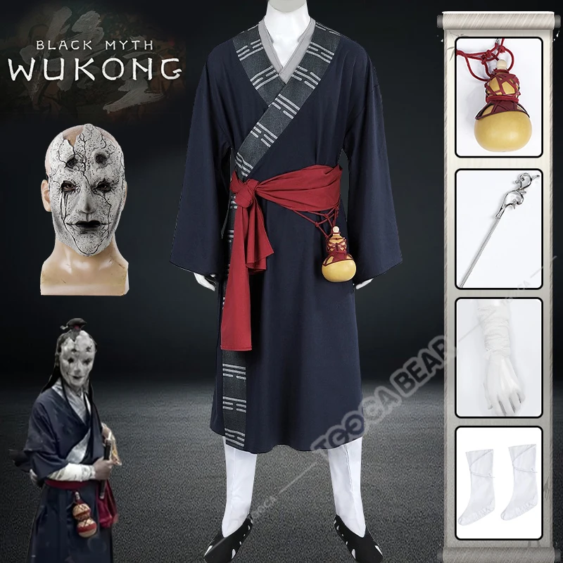 Black Myth Wukong Mi Taoist Game Cosplay Costume Mask Face Cover Mi Dao Ren Midaoren Uniform Robe Headress Props Socks Halloween