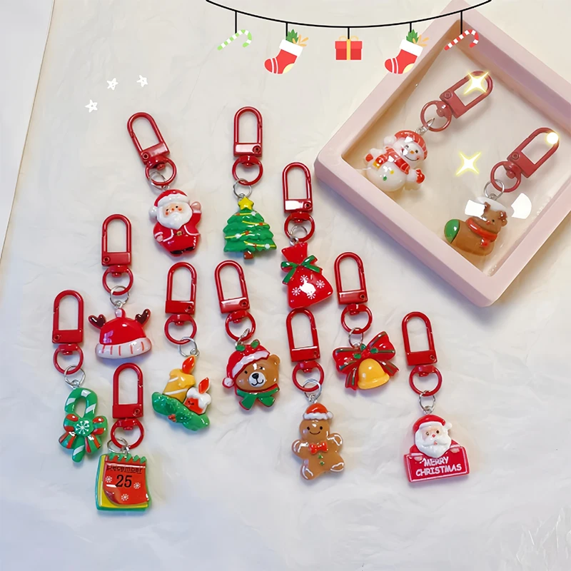 Christmas Resin Keychain Cartoon Santa Claus Snowman Christmas Tree Pendant Key Ring Backpack Decoration Accessories Couple Gift