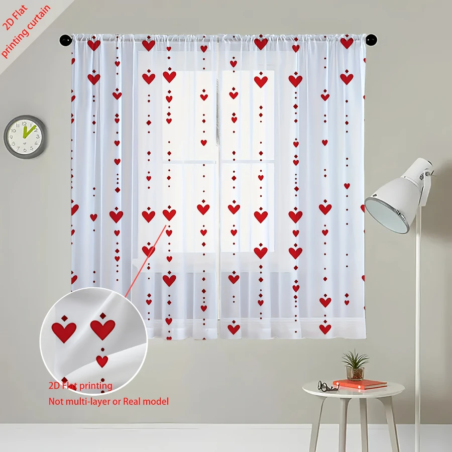 2PCS Digital Print Sheer Curtain, Vertical Red Heart, Vintage Floral Window Curtains for Living Room Bedroom Home Decor