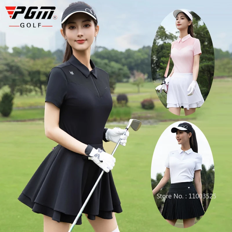 

Pgm Women Zipper Collar Golf Polo Shirt Summer Contrast Short-sleeved Top Lady Ruffle Slim Skirts Golf Skorts with Inner Short