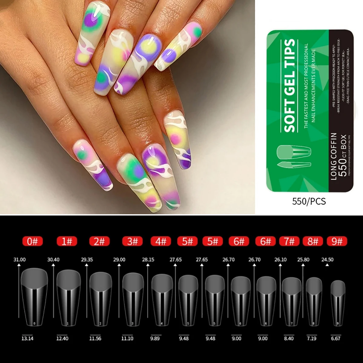 550 Stück Sargförmige Mandel-Soft-Gel-Nagelspitzen, künstliche halbe Abdeckung zum Aufdrücken, Acrylnägel in 11 Größen, künstliche Nägel, DIY-Maniküre-Verlängerungswerkzeuge – Detail 10