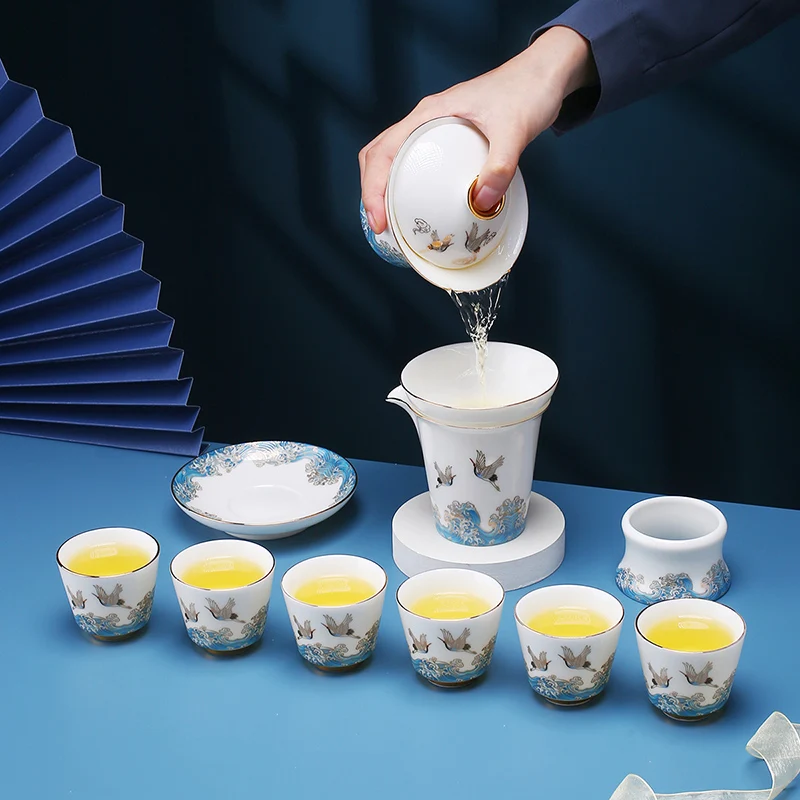 Auspicious Crane White Porcelain Kung Fu Tea Set for Home Use, Dehua Office Gift Creative Package, National Trend Sheep Fat Jade
