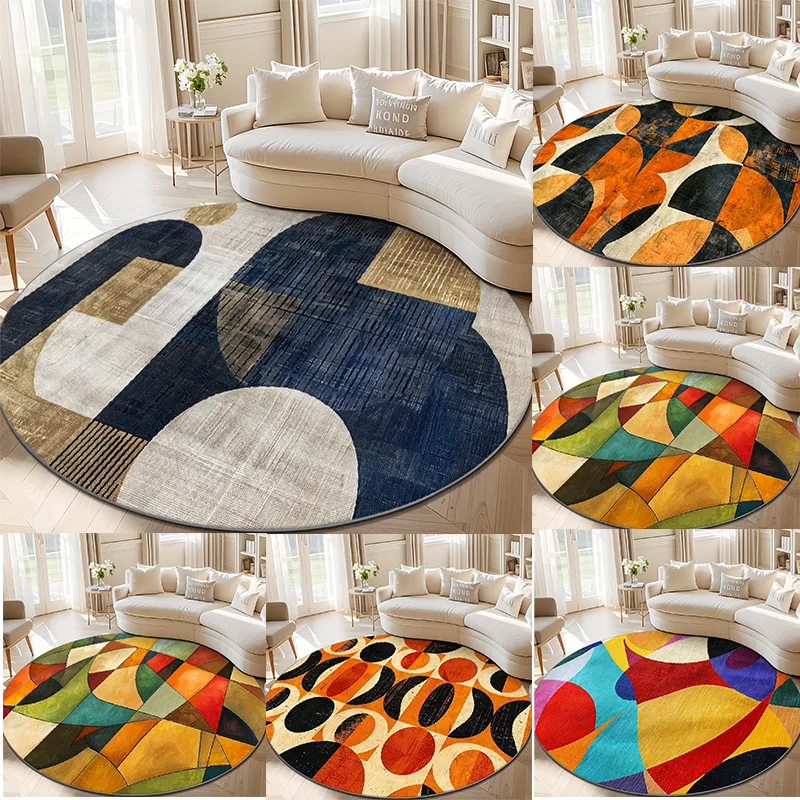 Mat Carpet Rug Mid‑Century Non Slip Colorful Shape Round for Household Bedroom Living Room Floor Decor
