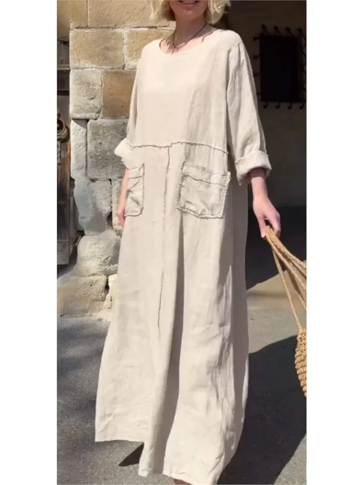 Summer Casual Loose Long Dresses Simple Pocket Cotton Linen Dress Women Casual Solid Color Round Neck Big Hem Boho Dress Female