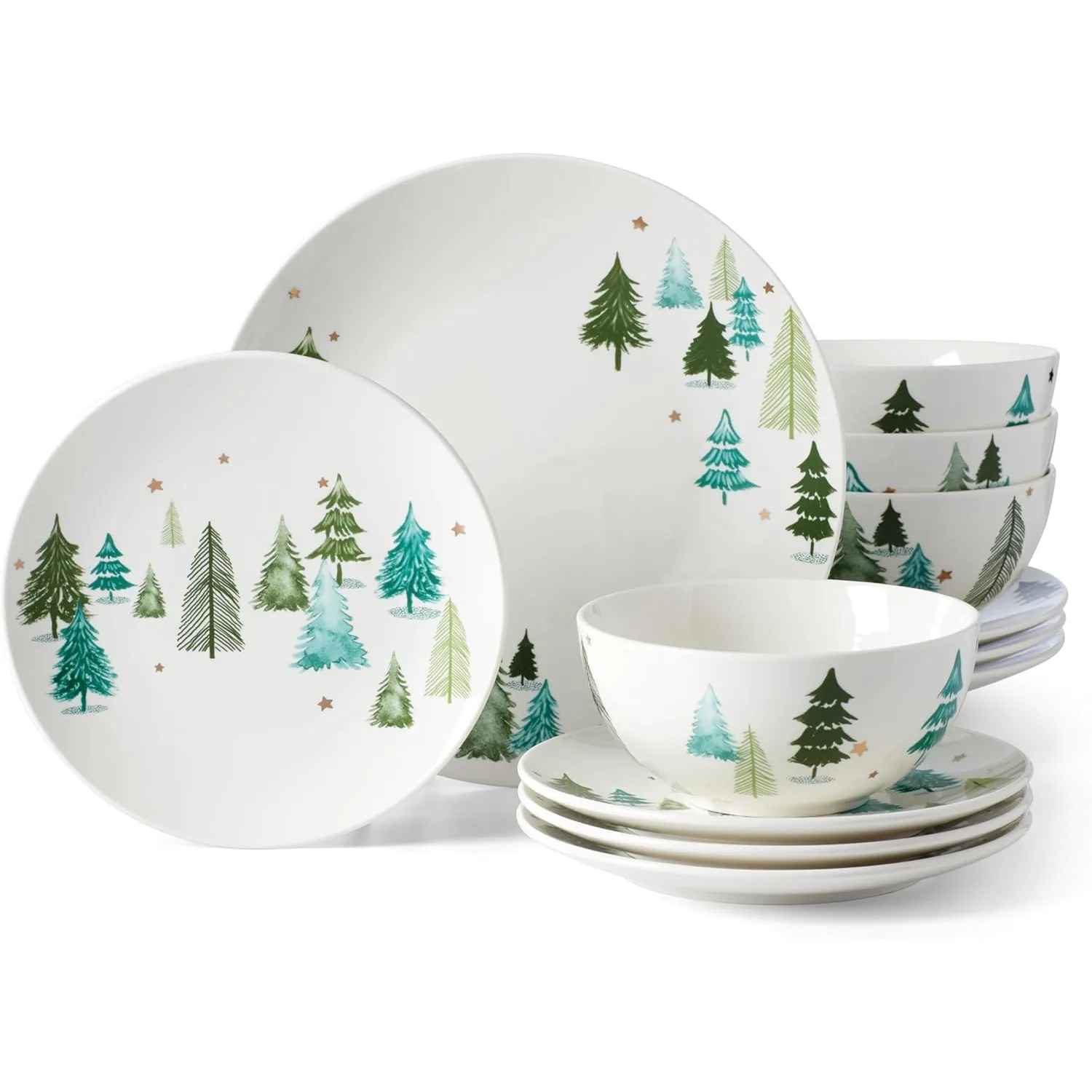 Lenox 893565 Balsam Lane 12-Piece Kitchen Dinnerware Plates Set Porcelain Round Service for 4 Green Christmas Tree USA