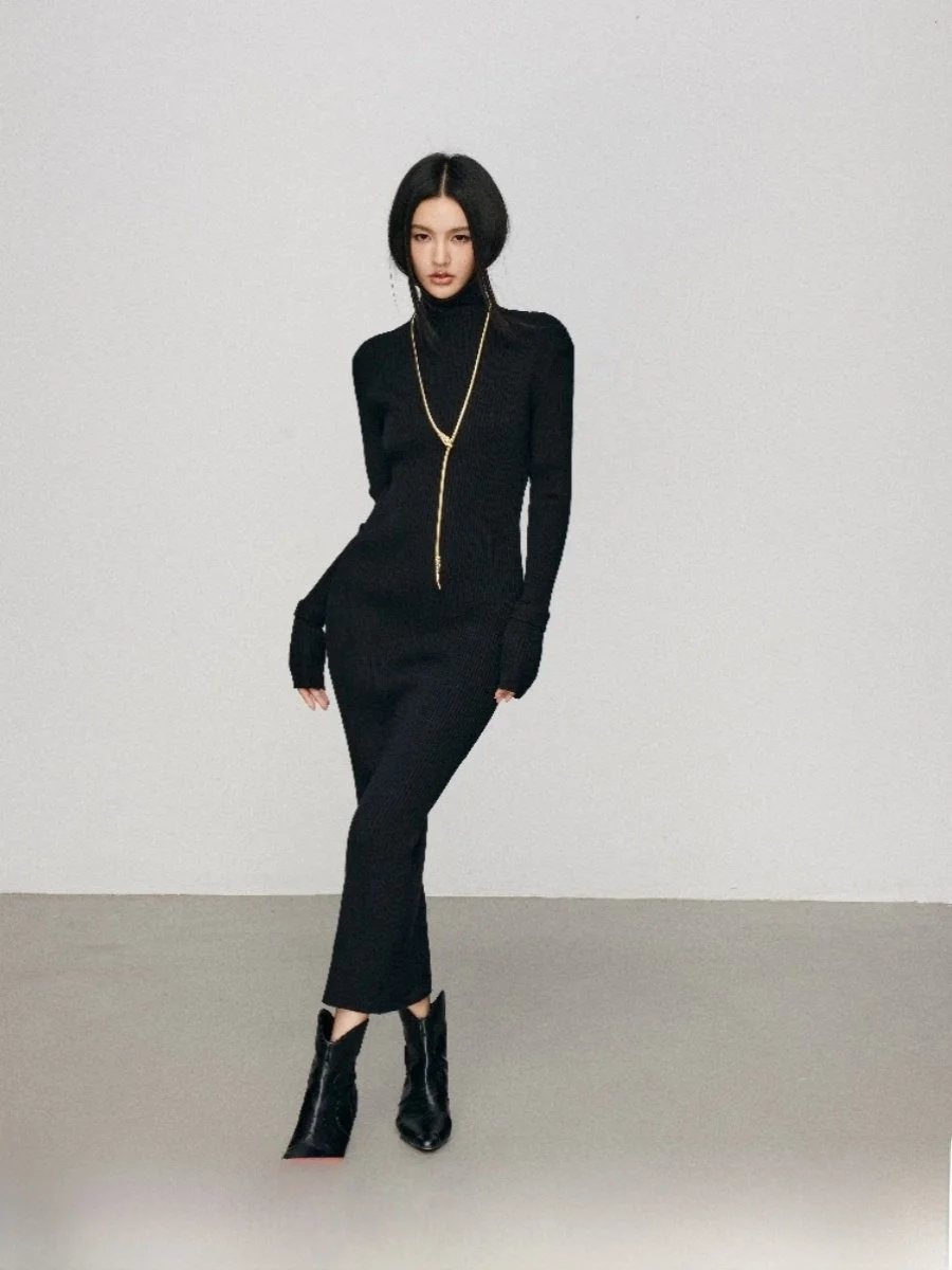 

CHILL ZOEY Sexy Slim Fit Dr Women's Ele Long Sve High Collar Autumn Winter New Sle Faionable Casual Dr