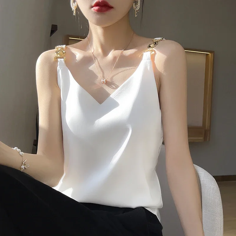 

Summer V-Neck Acetic Acid Satin Camisole Women's New Sexy Beautiful Back Sleeveless Bottoming Shirt V423