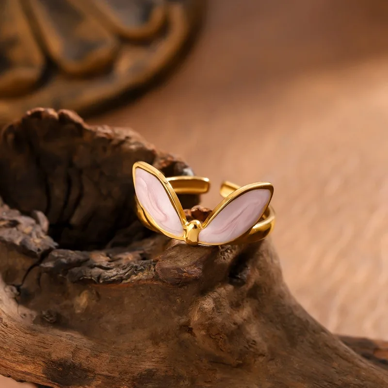 

Small niche design rabbit ear ring with mother of pearl inlay and open mouth ring, French gentle style and versatile jewelry