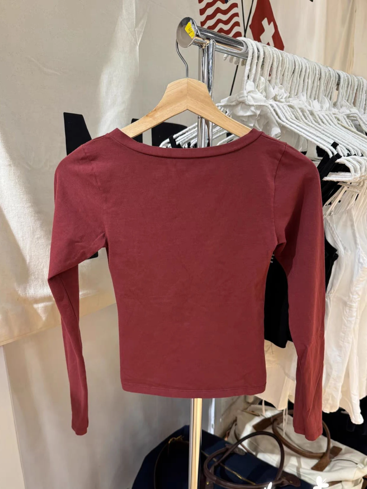 بورجوندي كم طويل تي شيرت امرأة الخريف الصليب الخامس الرقبة القطن سليم المحاصيل الأعلى عادية بسيطة الصلبة كل مباراة الأساسية بلايز Y2k