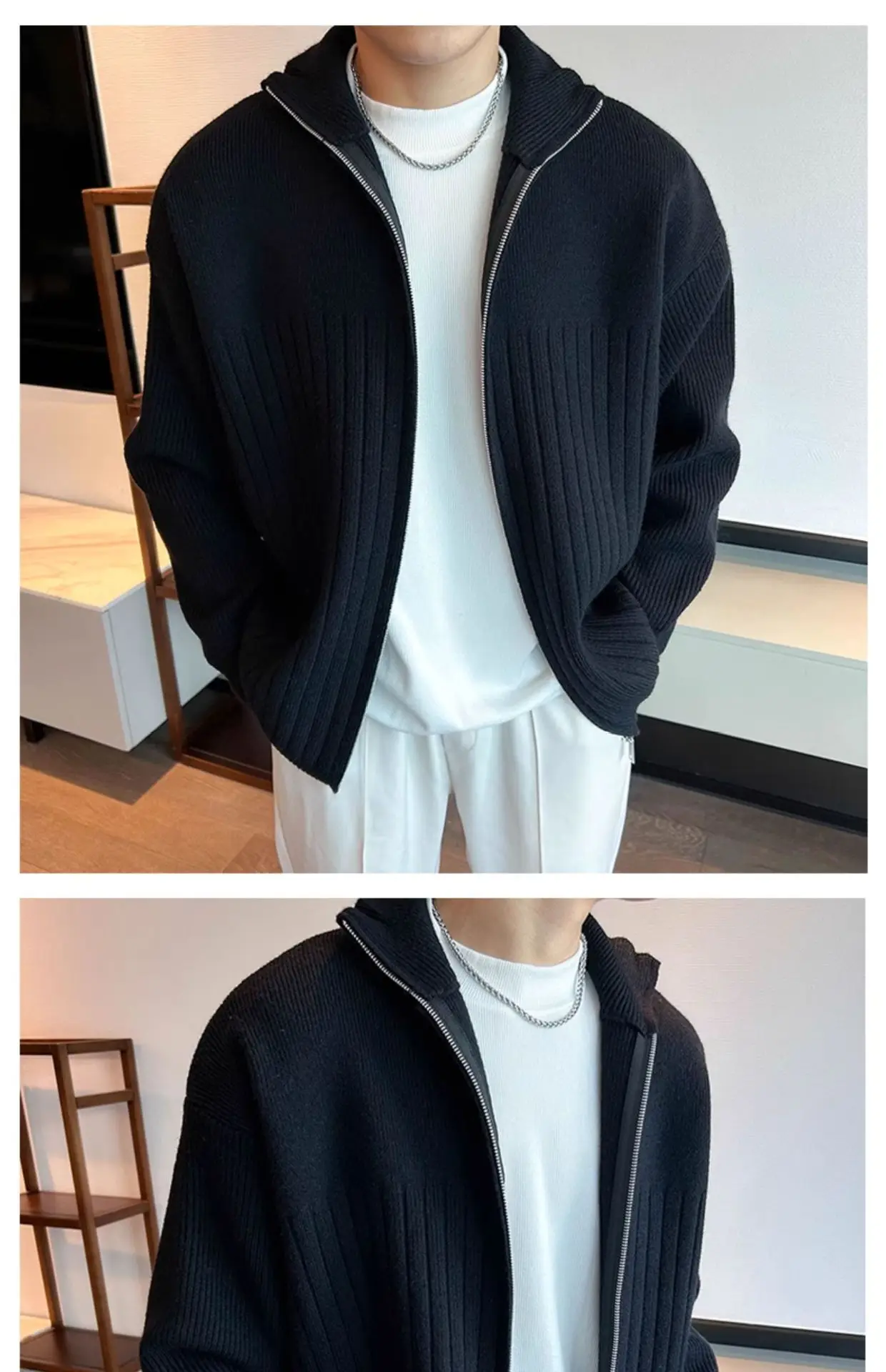 Herren Herbst Winter Gestreifter Cardigan Pullover Jungen Studenten Warme Jacke Herren Casual Pendlerjacke Weiche Bequeme Strickware – Detail 9