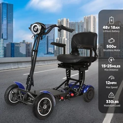 HEZZO Elderly Escooter 48V 18Ah 500W Motor Folding Mini Leisure Travel Scooter Four-wheel Mobility Scooter Range 25 Miles 12MPH