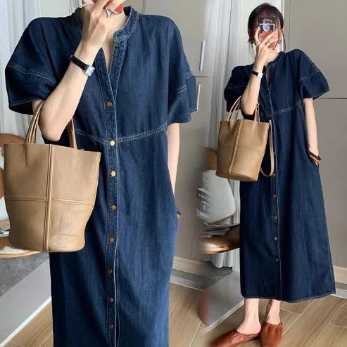 Slimming Fit Short Sleeve Denim Dress mid Length Women's Skirt V Neckline Cotton Blend Comfortable Breathable Elegant Commute...