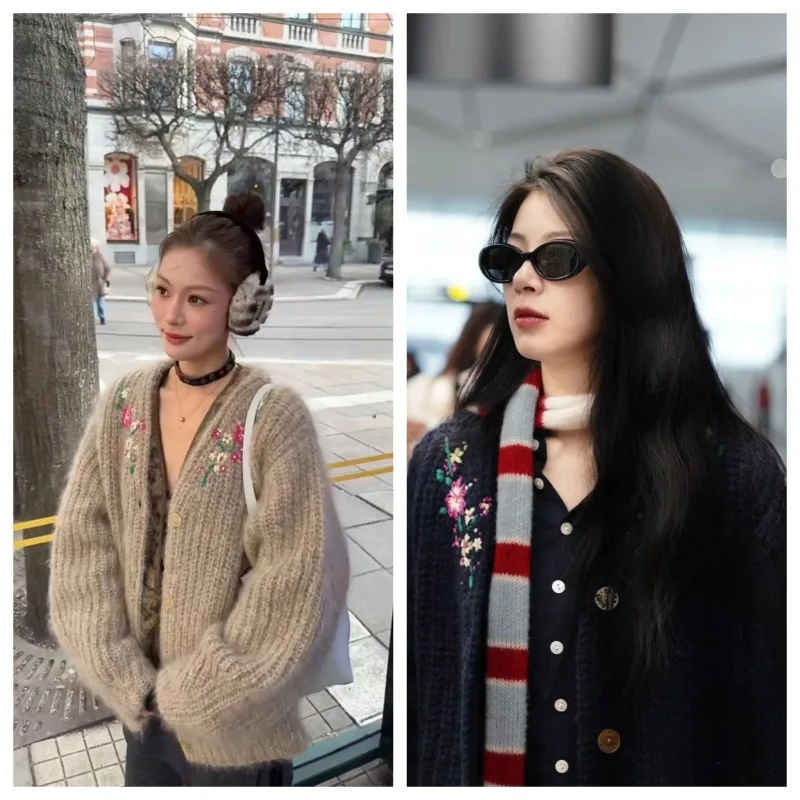 

Handmade Knitted Cardigan with Embroidered Instagram for Women, Blogger's Sweater Jacket, Thick 55% Alpaca Wool