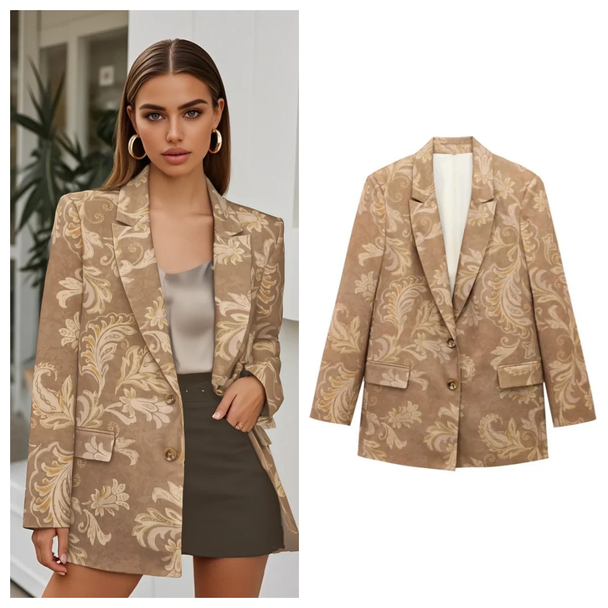 

PB&ZA's new blazer for women features a wide, two-button silhouette and a gorgeous floral print all over. Stylish and elegan