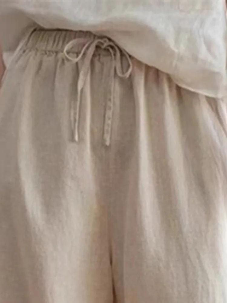 الرجعية المطرزة القطن الكتان بنطال ذو قصة أرجل واسعة النساء الربيع الصيف حزام خصر مرن عادية مستقيم أنبوب فانوس السراويل #3