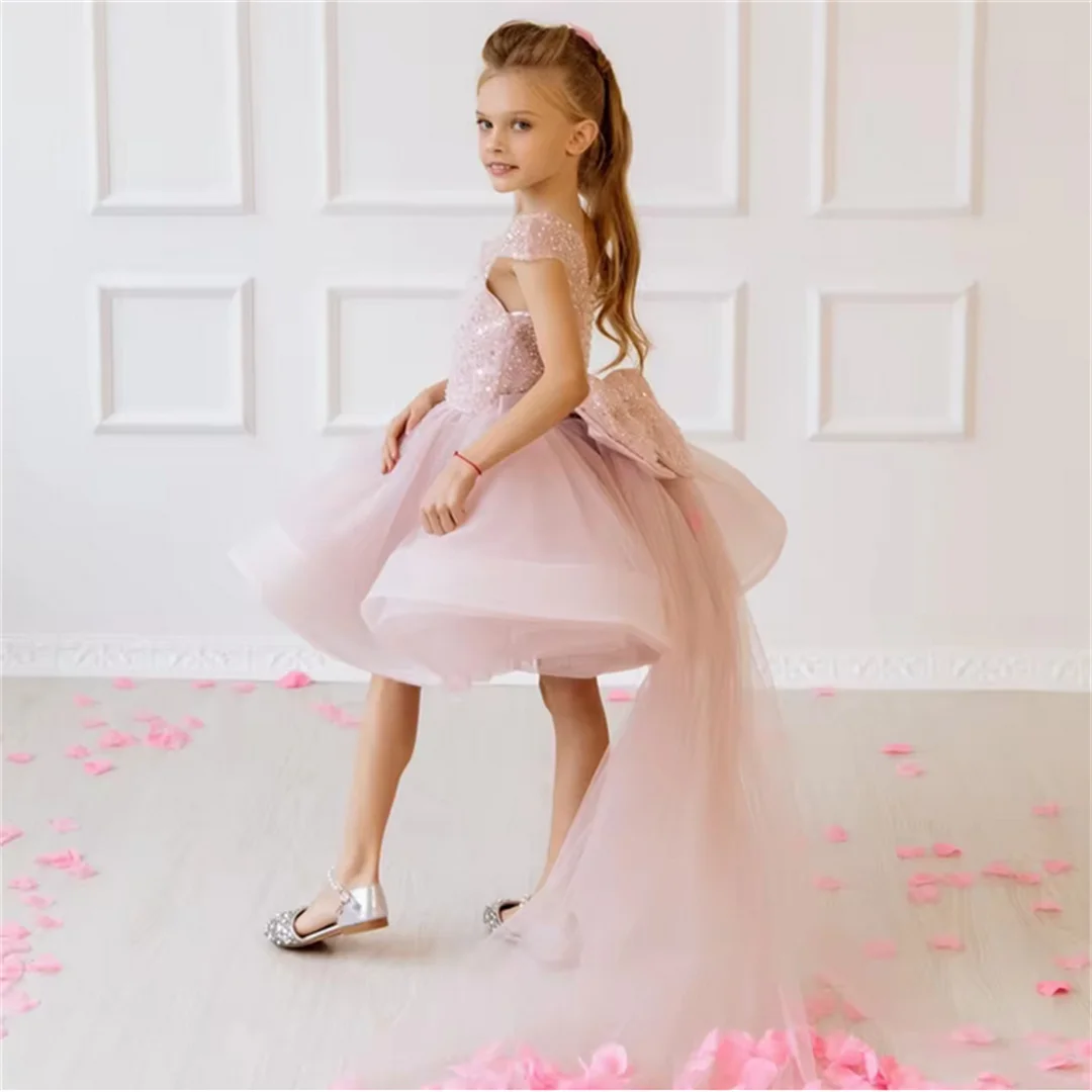 Vestido Personalizado para Dama de Honra Rosa com Lantejoulas, Laço e Cauda, Sem Mangas, para Casamento, Baile de Formatura, Festa de Aniversário, Banquete, Vestidos de Princesa