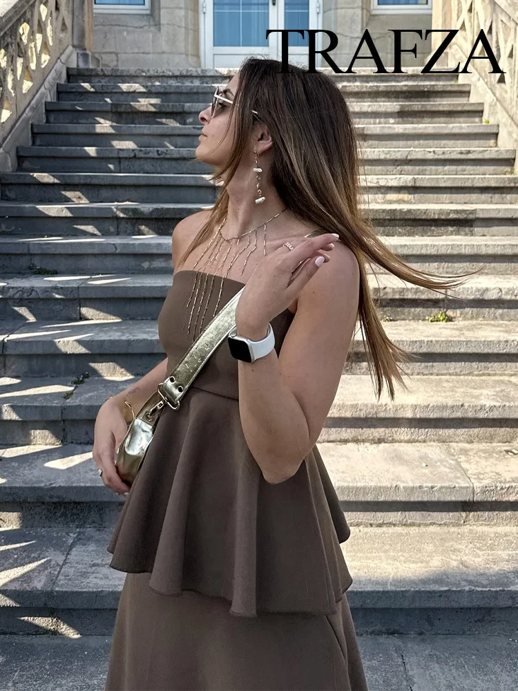 

TRAFZA Women New Strapless Pleated Sleeveless Back Zipper Top+Summer Elegant Asymmetric Decorate A-Line Midi Skirt Solid Suit