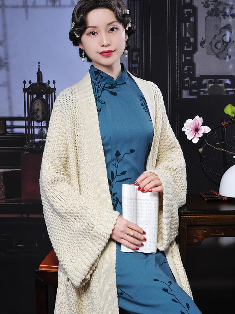 2024 Cheongsam Outerwear Draped Shawl Long Loose And Lazy Style Sweater Coat Knitted Cardigan Autumn And Winter Wear Long Coat