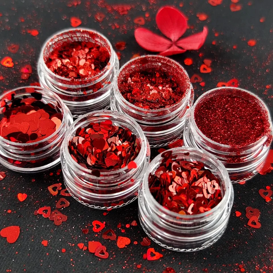 6-dozen Rood Liefde Hart Nagel Pailletten Laser Rode Nagel Glitter Poeder Valentijnsdag Decoraties Nail Art Vlokken Nail Art Supplies