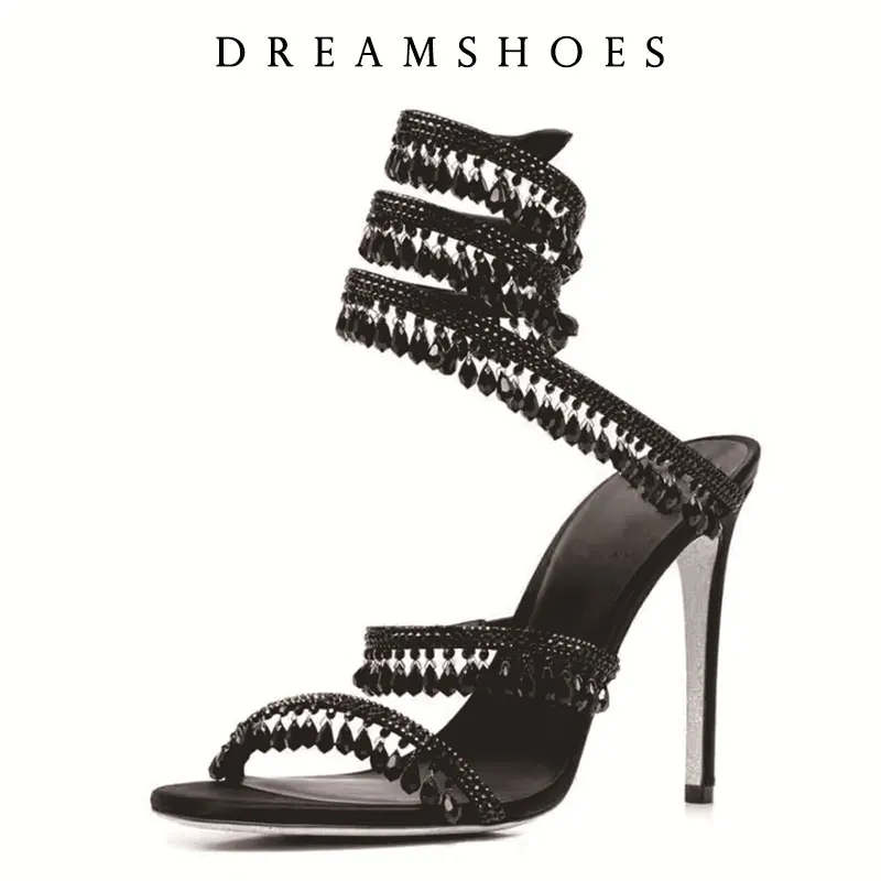 

Summer 10cm Heels Sandals Women Rhinestone String Bead Ankle Snake Twine Around Wedding Shoes Lady Sandals for Woman