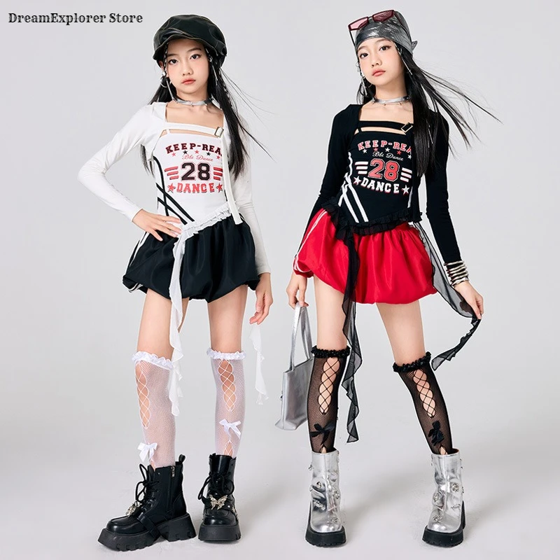 Hip Hop Girls Elegant Crop Top Street Dance Flower Bud Skirt Kids K-pop Streetwear Child Jazz Girl Group Hot Costume Clothes Set
