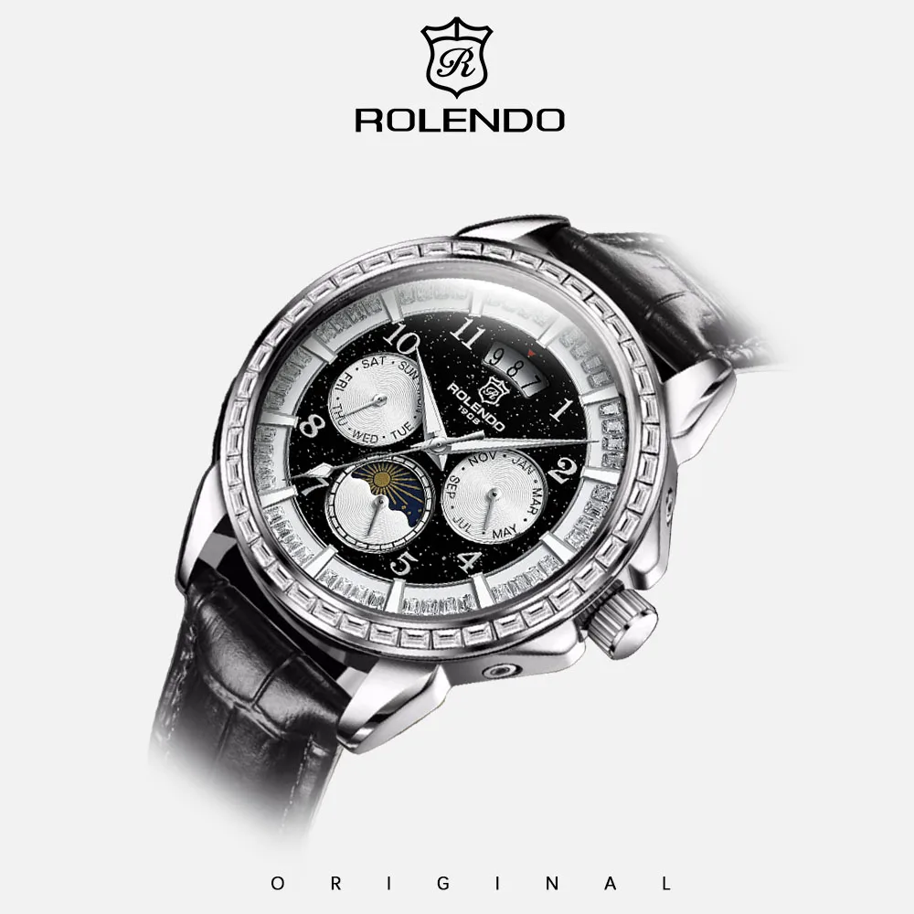 ROLENDO Men Multifunctional Automatic Watch Sun Moon Phase Silver Diamond Bezel Leather Strap Luxury Male Business Wristwatch
