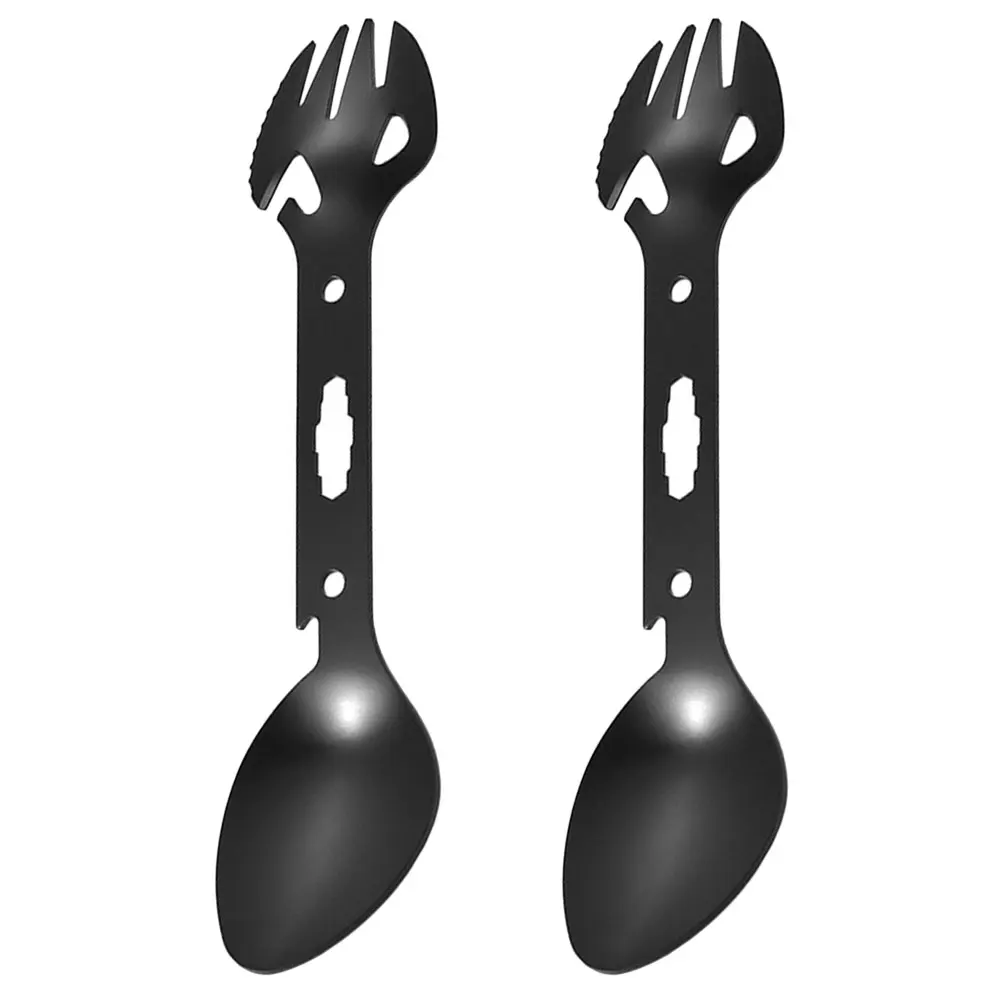 

2pcs Stainless Steel Fork Spoon Bottle Opener Camping Spork Lightweight Black Outdoor Travel Multifunctional Tableware Portable