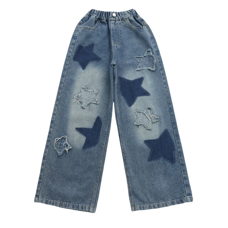 Girls Star Design Casual Loose Jeans Teens School Children Trousers for Spring/Autumn Elastic Waist Fashion Kids Straight Pants image 4