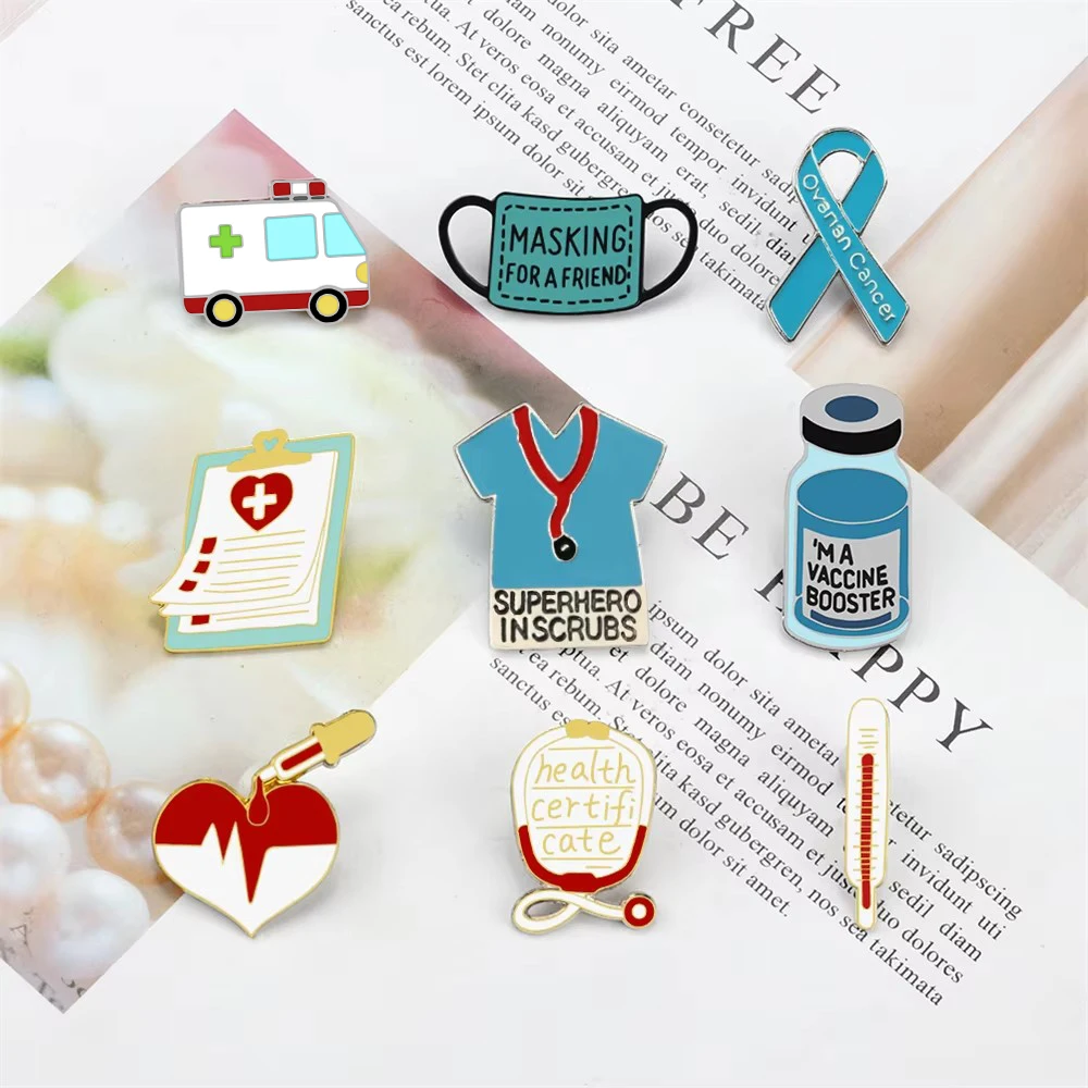 Cartoon Medical Brooch for Doctor Nurse Stethoscope Ambulance Enamel Pin Blue Ribbon Surgical Gowns Lapel Bag Badge Jewelry Gift