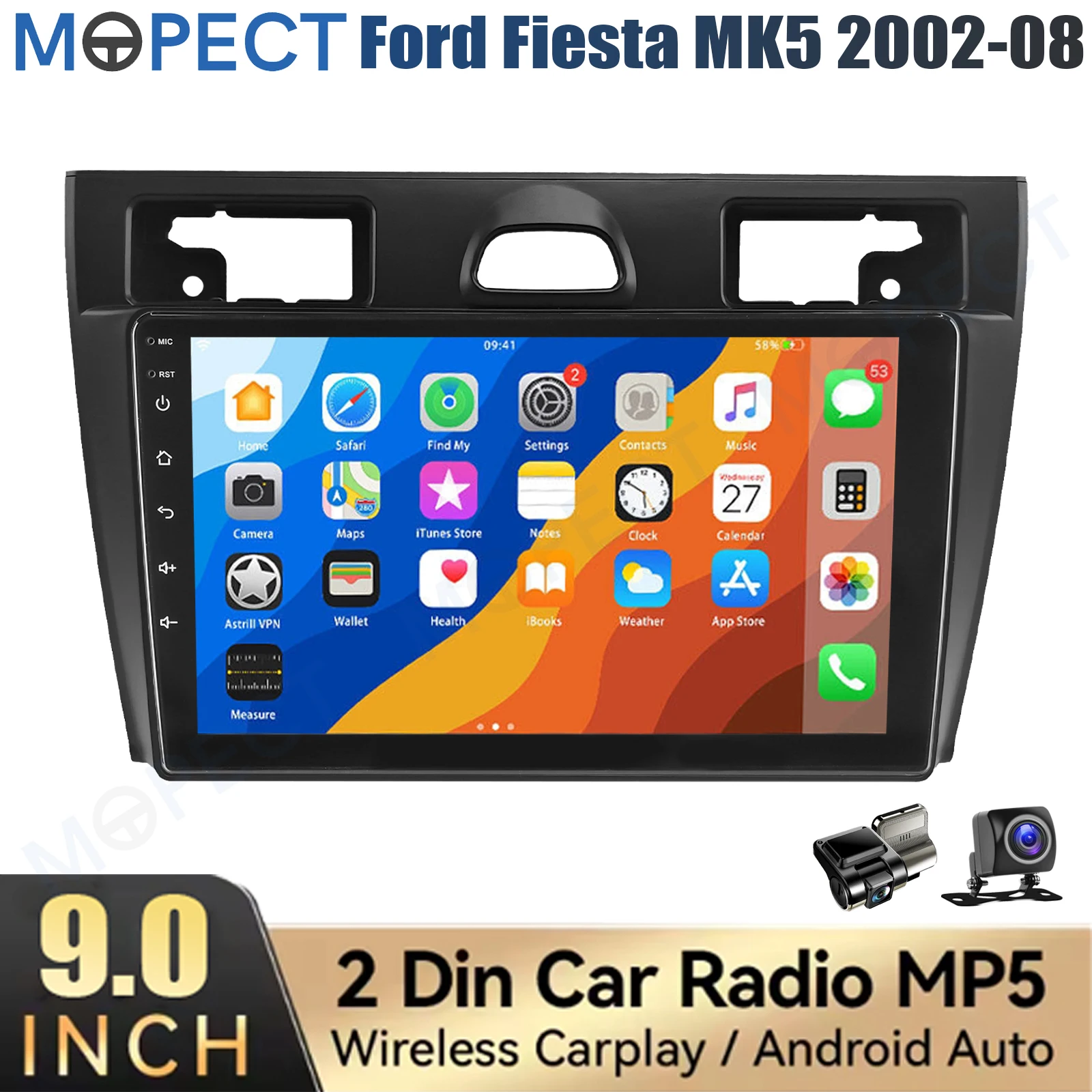 MOPECT 9-Zoll-Autoradio mit kabellosem CarPlay für Ford Fiesta Mk5 2002-2008, WiFi-Headunit, 4+64GB, GPS-Navigation, FM, Bluetooth+DAB&AHD
