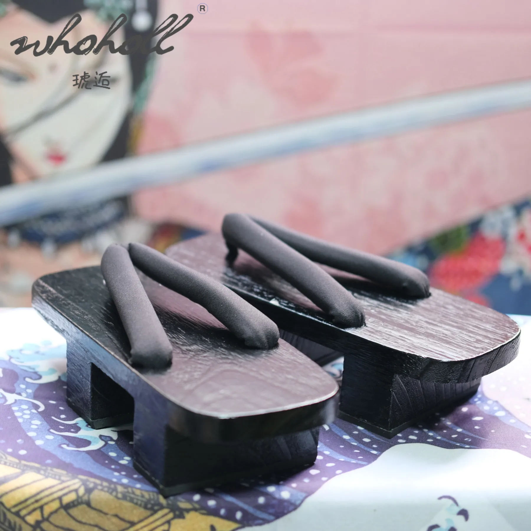 Black Paint Two-teeth Geta Flip Flops Man Women Slippers Japanese Anime Coplay Costumes Thick Platform Wood Clogs Shoes