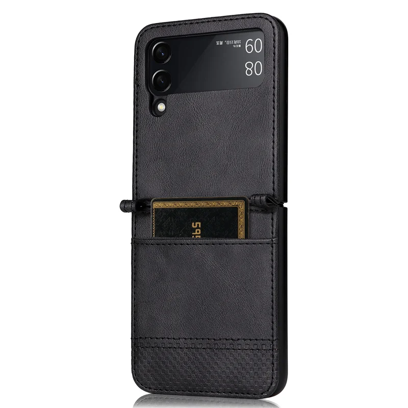 Leather Card Slot Phone Case For Samsung Z Flip 4 Hard PC Protective Cover for Galaxy Z Flip4 5G SM-F711B Ultra Slim Phone Case