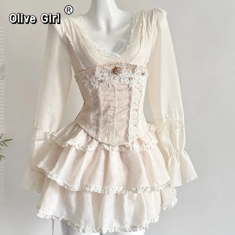 Olivegirl Princess Dress Women's Clothing Romantic Sweet Cake Lace 3D Embroidery Flower Long Sleeved Dress Short Fairy Girl