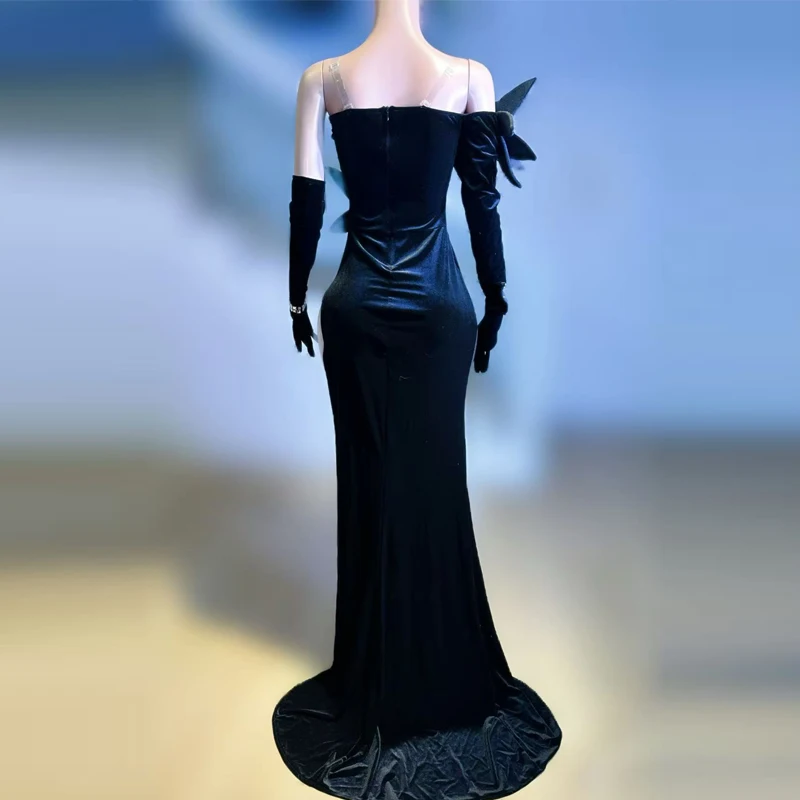 أسود المخملية الراين مساء الزي مرحلة الجاز ملابس رقص المرأة مرحلة المنصة احتفال فستان المرحلة ملابس الحفلات XS9785