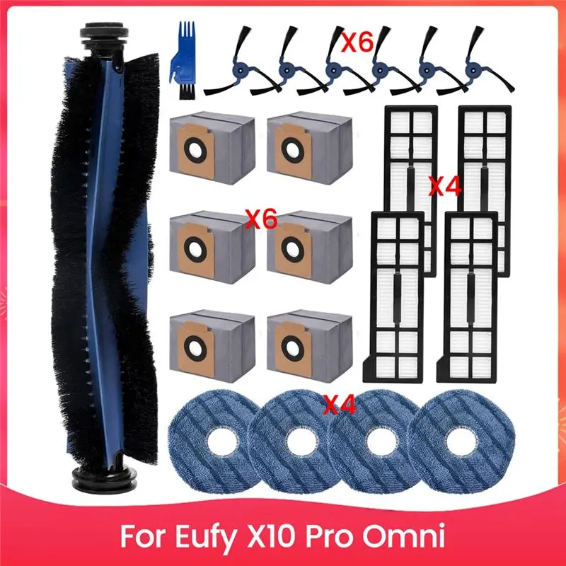 

Запасные части и аксессуары BOFO для Eufy X10 Pro Omni: основная и боковые щетки, HEPA-фильтр, салфетка для влажной уборки, мешки для сбора пыли.
