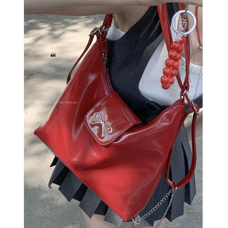 Cherry Red Bow Large Capacity Shoulder Bag 2024 New Cool Girl Magnetic Buckle Zipper Backpack Commuter Classroom Crossbody Bags