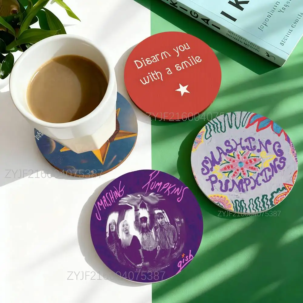 

S-Smashing Pumpkins Band Pattern Art Coasters Round Wooden Heat Resistant Non-Slip Home Decor Gift Multifunctional