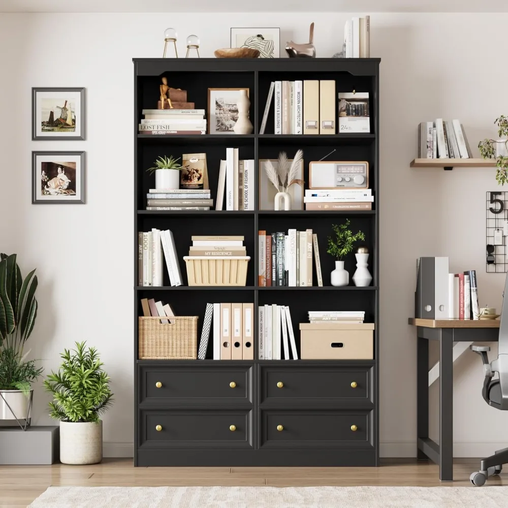 Black bookshelf with 4 drawers, 6-story double width bookshelf, suitable for home offices, black